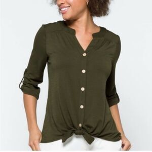Fortune + Ivy Elaina Tie Front Button Down Knit Top Olive XS STITCH‎ FIX NWT